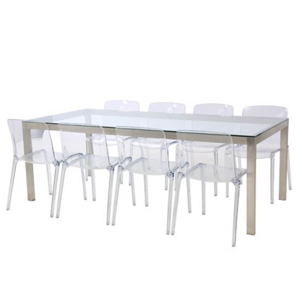 Ensemble 8 chaises tiffany cristal & une table linéa verre clair