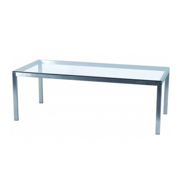 Table linea h75 pieds inox - 220x100 plateau verre transparent